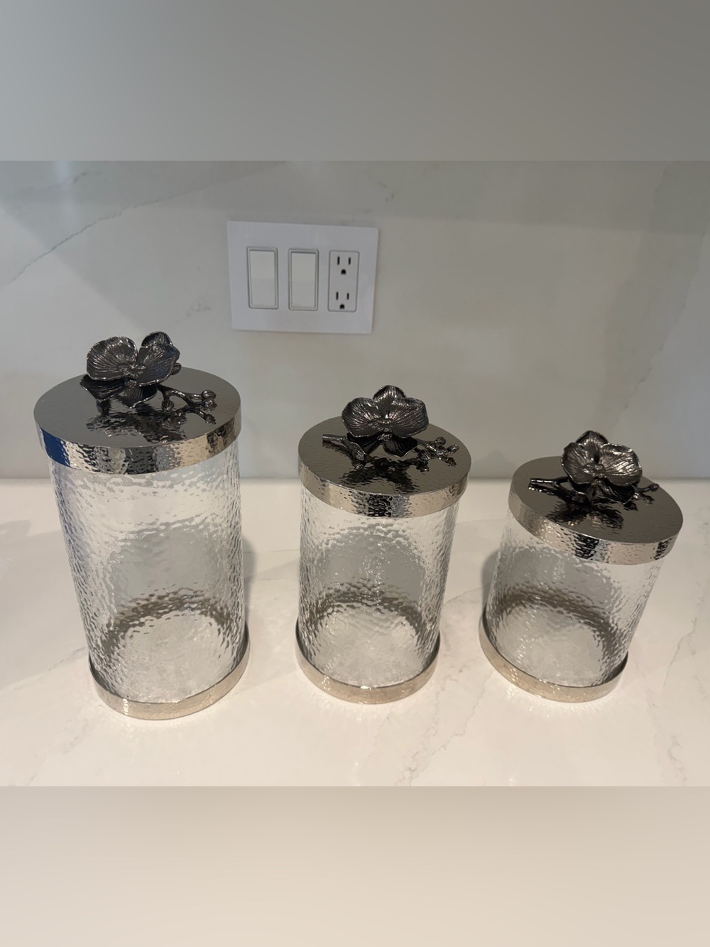 Michael Aram Clear Glass Canister Set with Silver Floral Lids